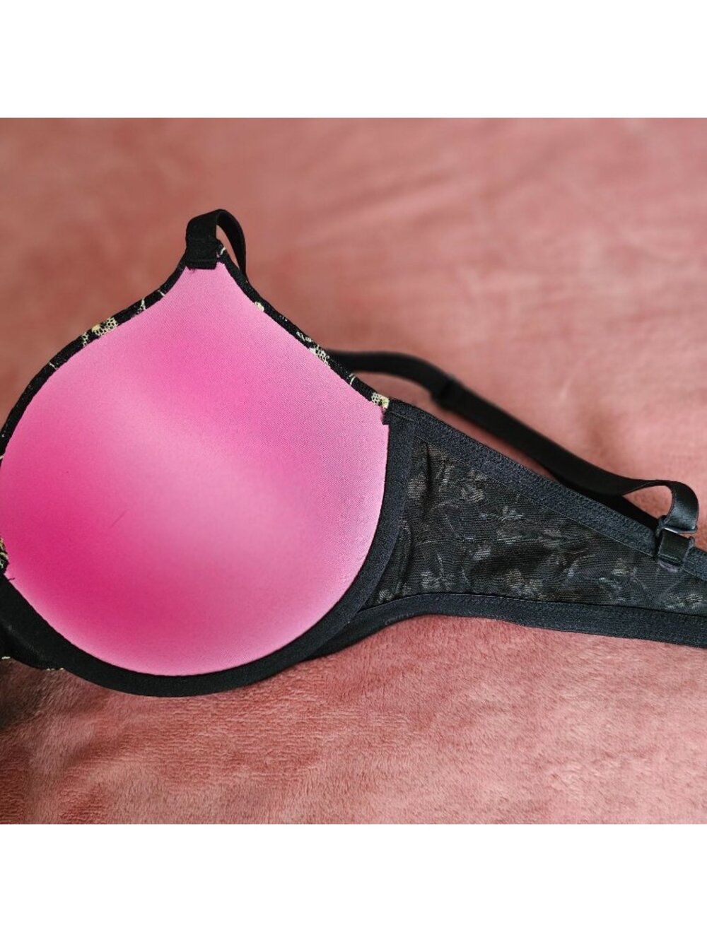 Black Floral Lace Victorias Secret Pink 34DD Push-Up Bra W/Adj Straps & Back - Picture 8 of 15